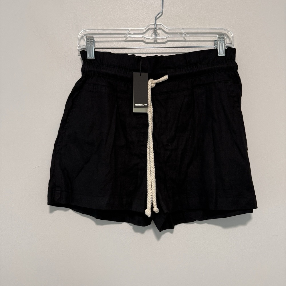 Monrow NWT Paperbag Tie Waist Linen Blend Black Shorts Size XS